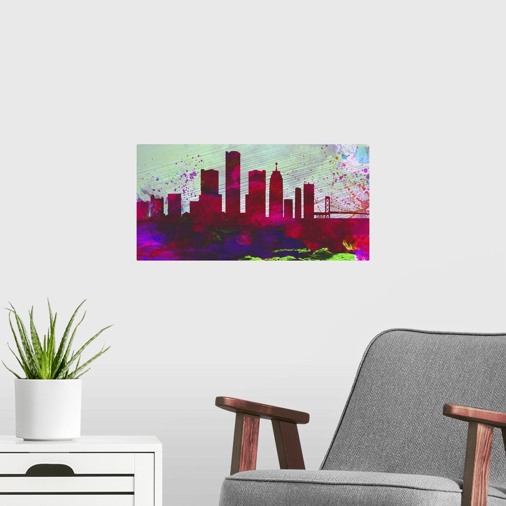 A modern room featuring Detroit City Skyline