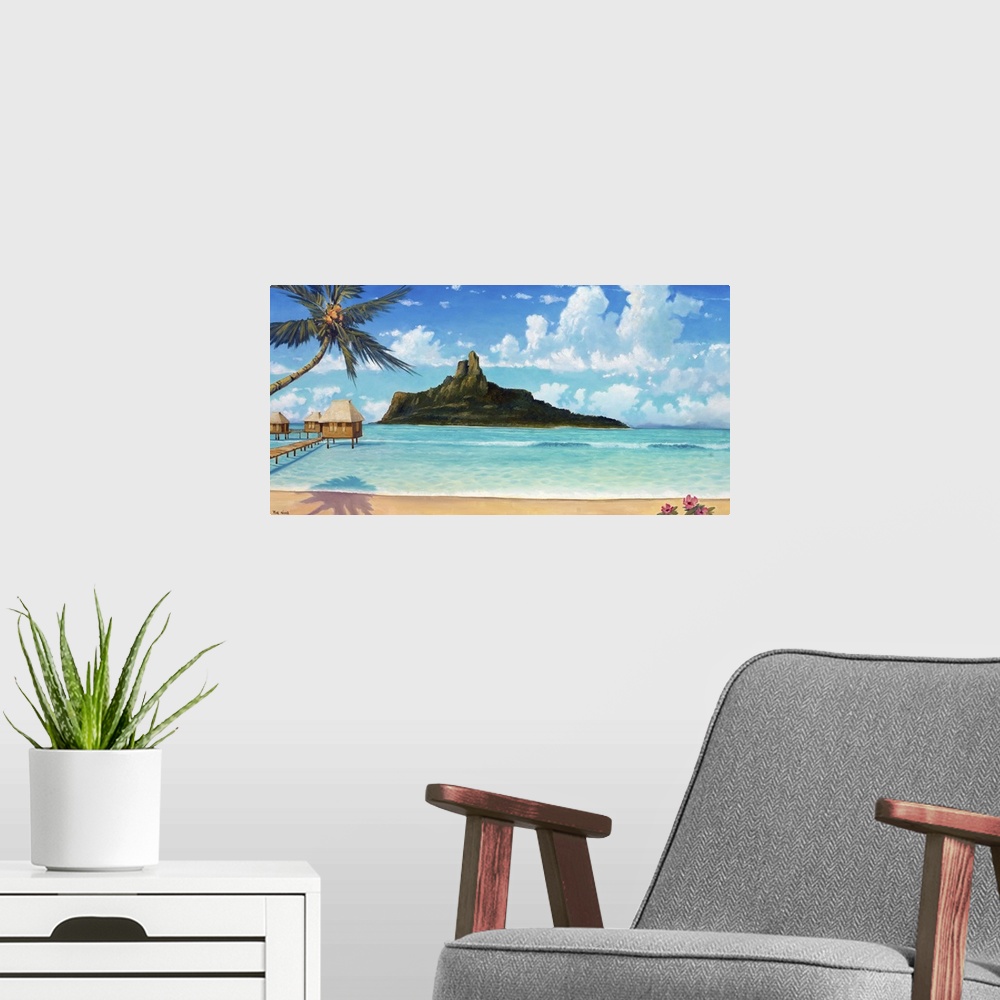 A modern room featuring Escape from everything with this painting of a tropical paradise of endless crystal blue waters a...