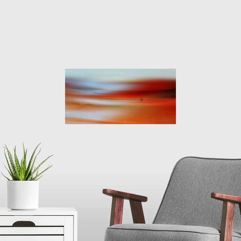 A modern room featuring Conceptual photograph blended with images of sailboats on water with mountains in the background ...