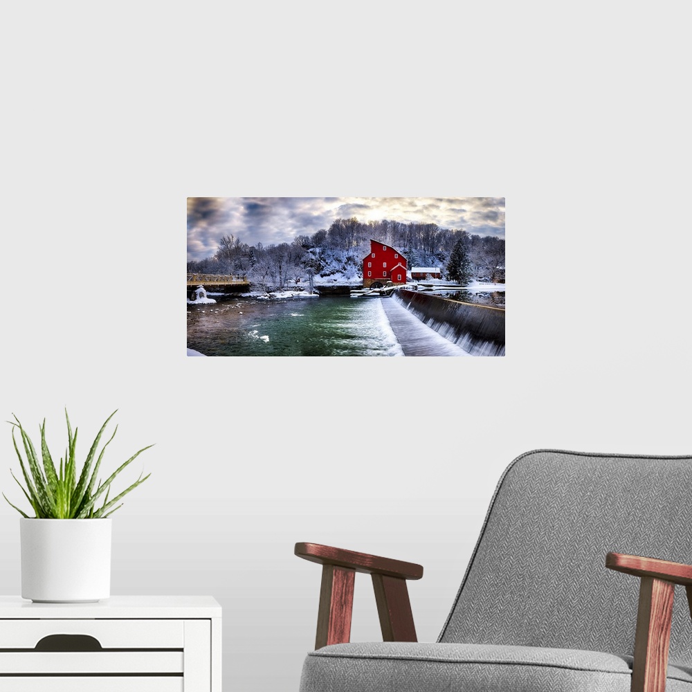 A modern room featuring Winter Landscape of a Red Gristmill and a Waterfall, Clinton, Hunterdon County, New Jersey, USA.