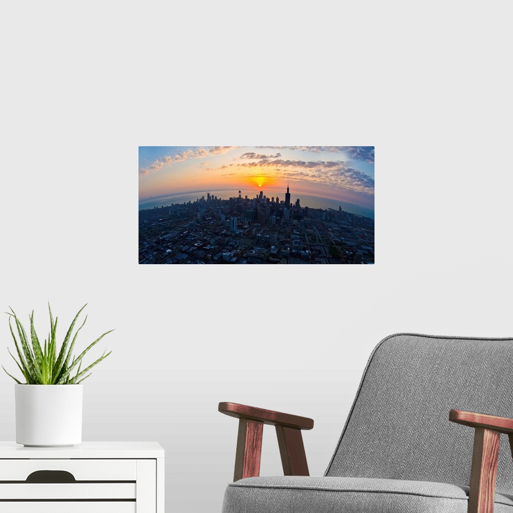 A modern room featuring Aerial view of a city at sunrise, Chicago, Cook County, Illinois