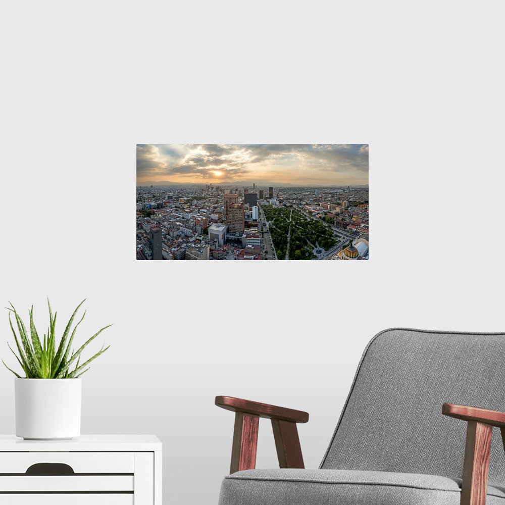 A modern room featuring Aerial view of cityscape from Torre Latinoamericana, Mexico City, Mexico.