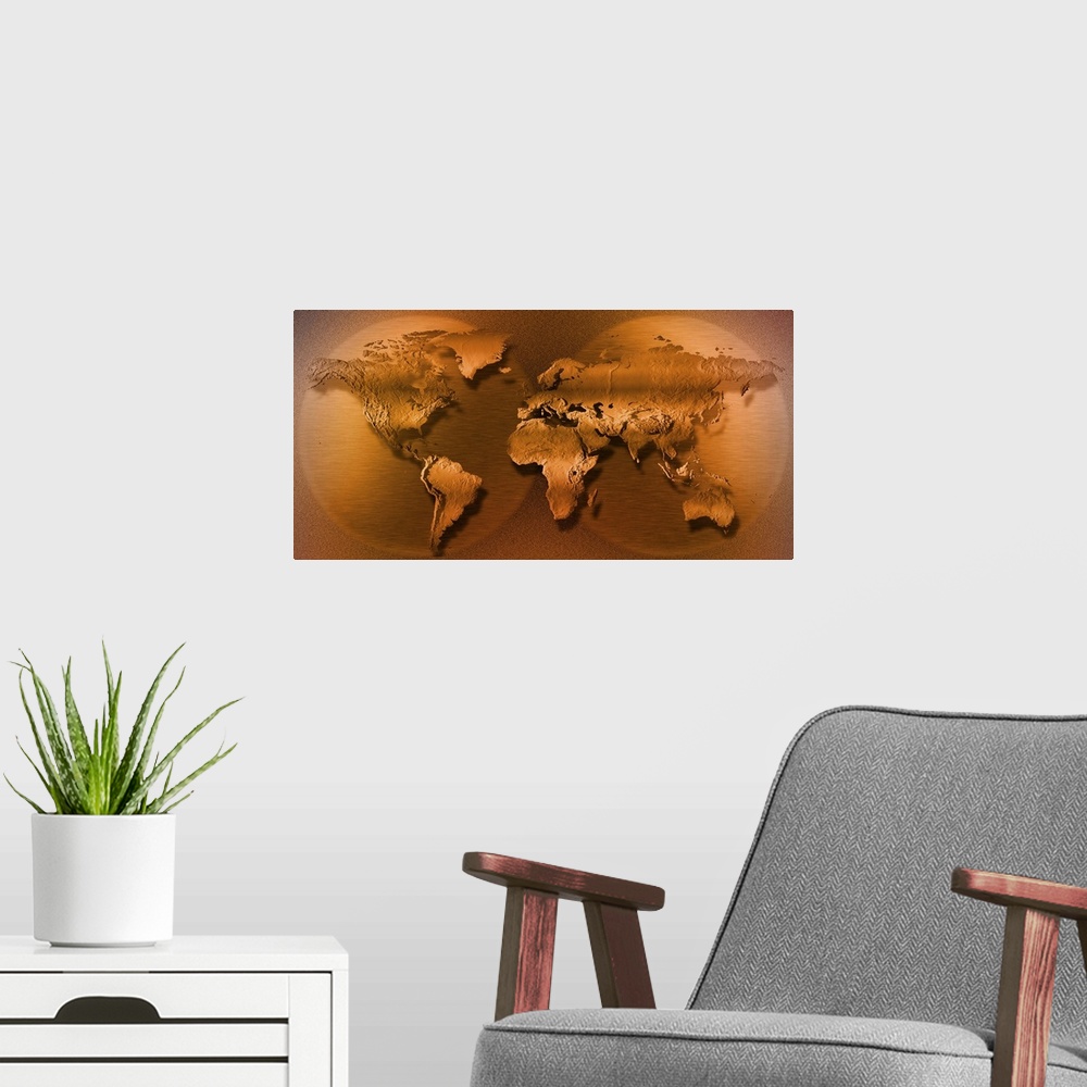 A modern room featuring This panoramic piece shows a 3D map of the world in sepia tone.