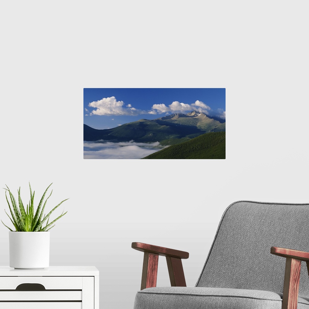 A modern room featuring Cloud over a mountain, Many Parks Curve, Longs Peak, Rocky Mountain National Park, Colorado