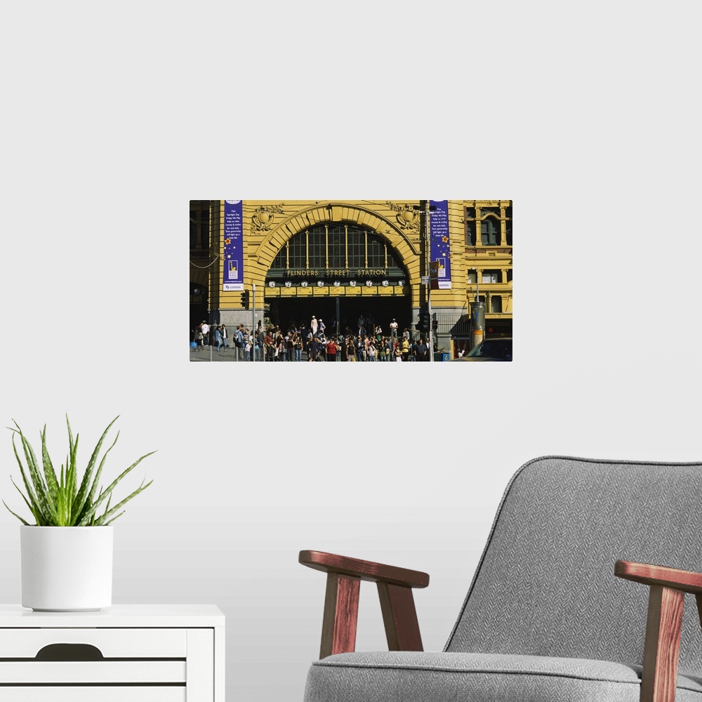 A modern room featuring Group of people at a railway station, Flinders Street Station, Melbourne, Victoria, Australia