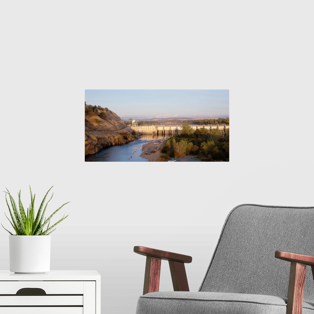 A modern room featuring High angle view of a dam on a river, Nimbus Dam, American River, Sacramento County, California