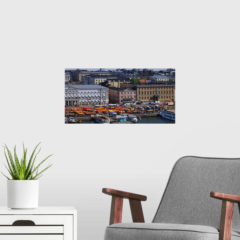 A modern room featuring High angle view of a market along a harbor, Helsinki, Finland