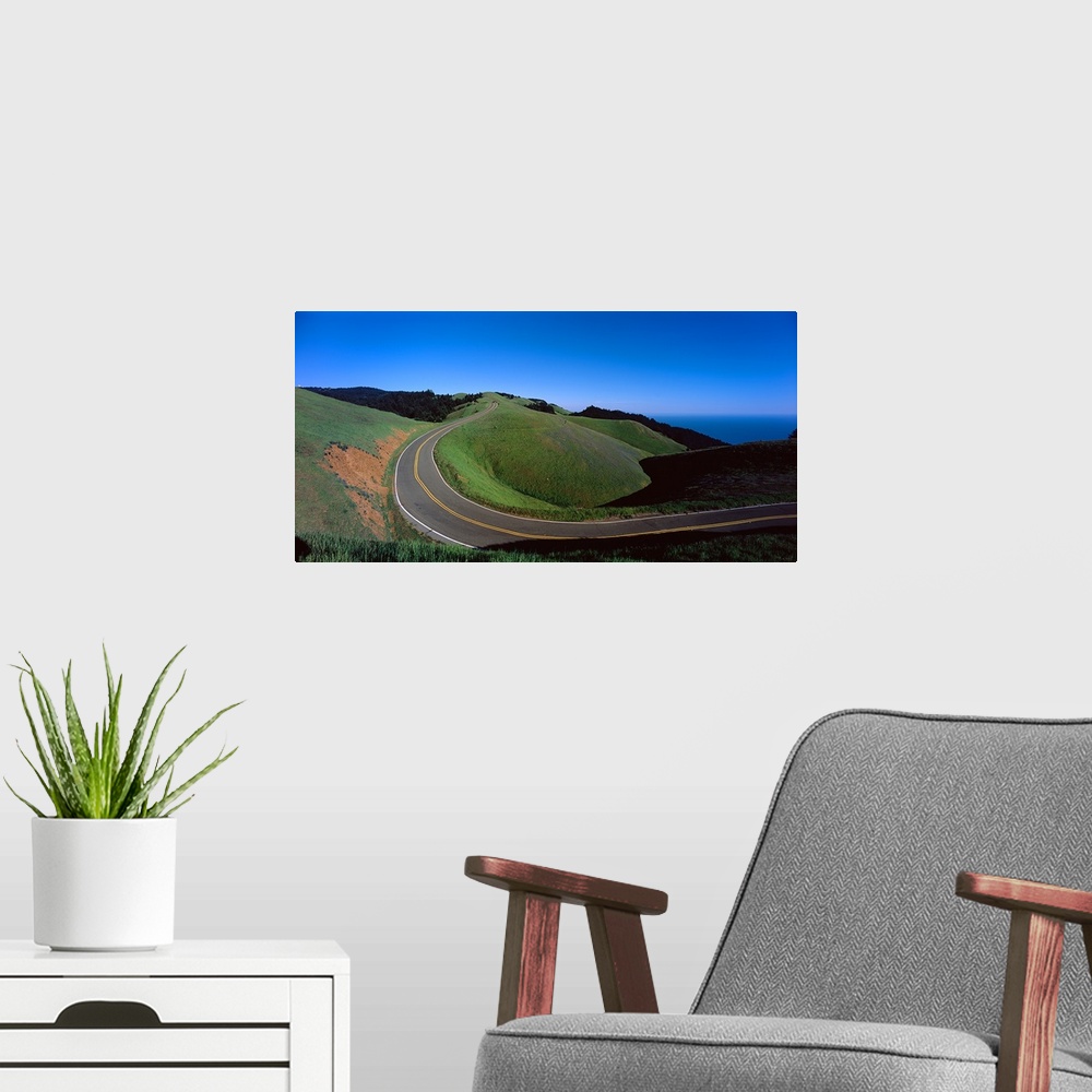 A modern room featuring High angle view of a road passing through a landscape, Bolinas Ridge, Marin County, California,
