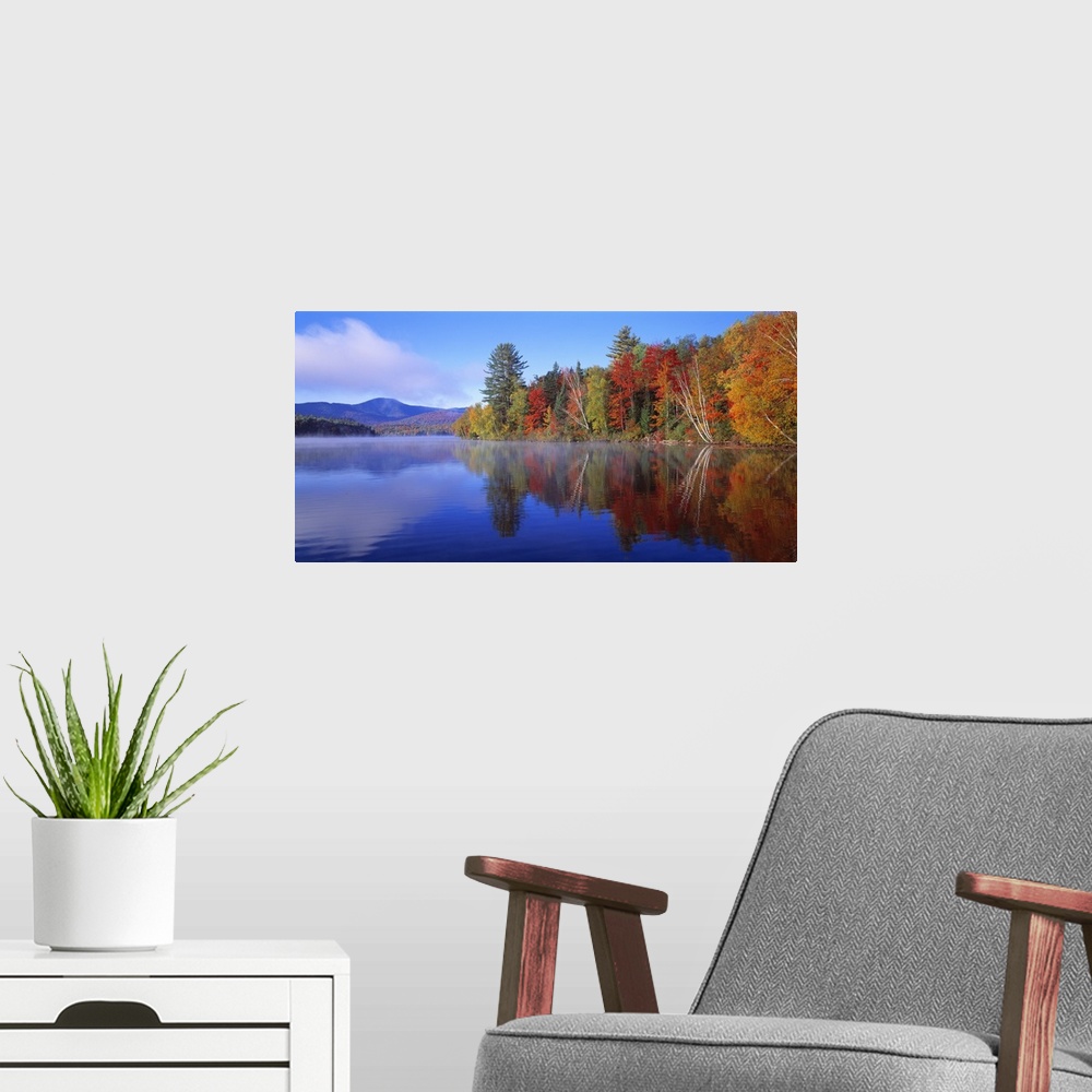 A modern room featuring Big, horizontal photograph of autumn trees reflecting along the shoreline of the Franklin Falls P...