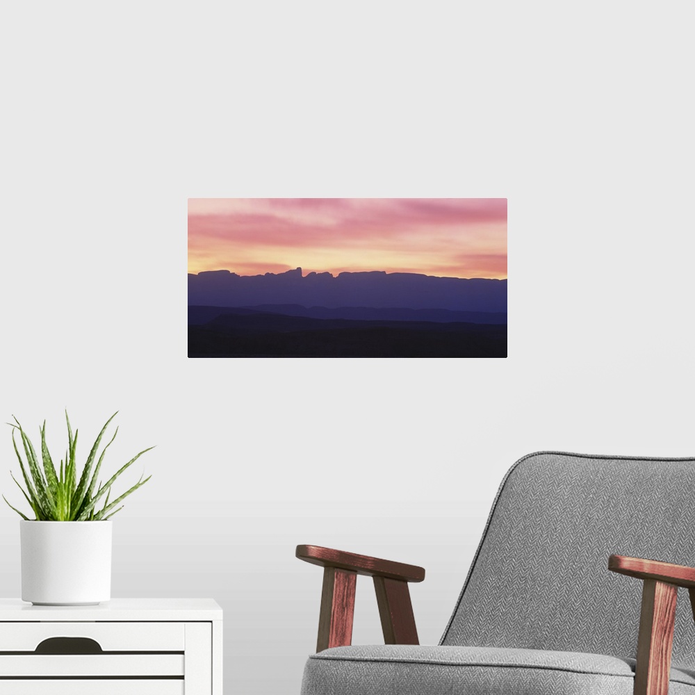 A modern room featuring Silhouette of mountains at dawn, Sierra Del Carmen Mountains, Big Bend National Park, Texas