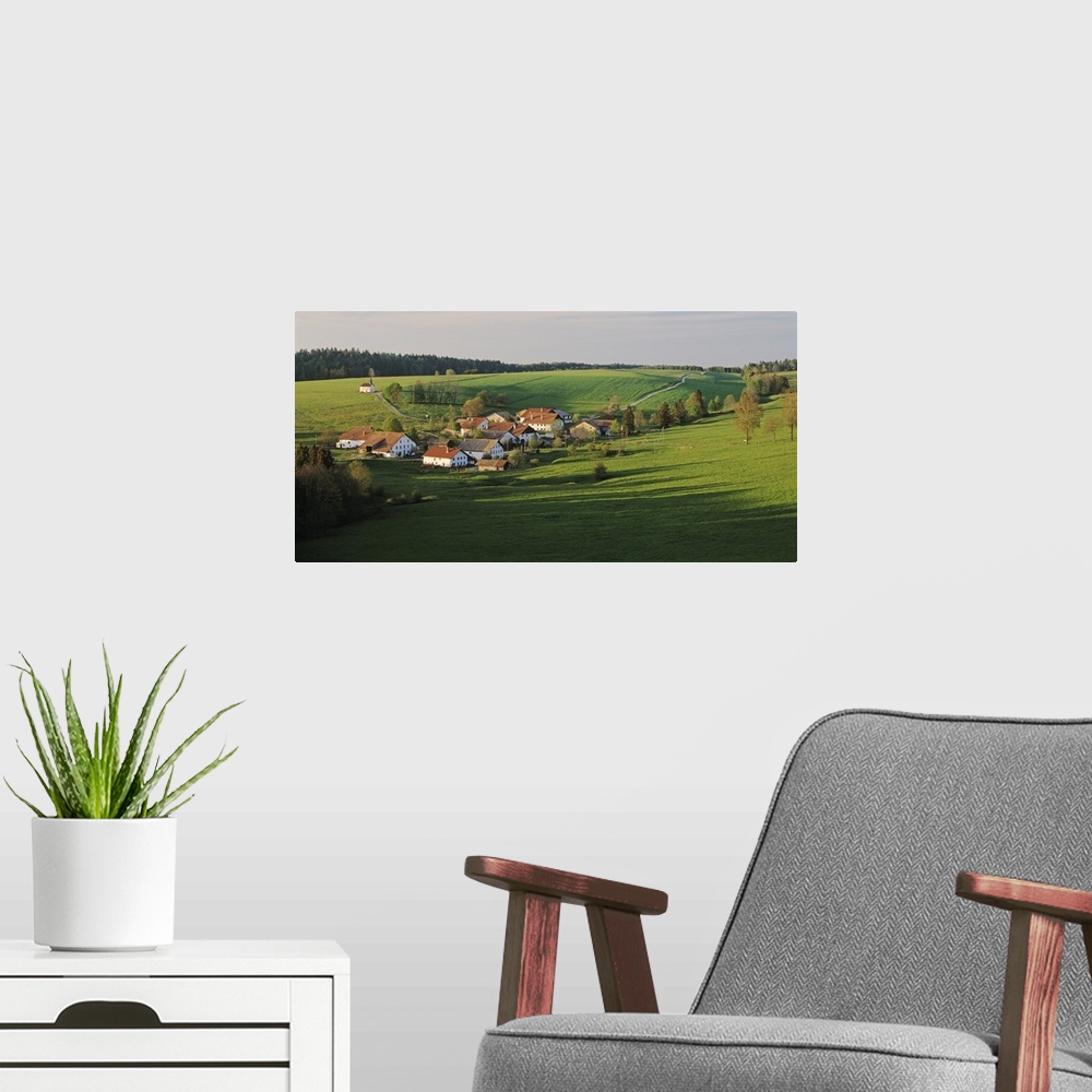 A modern room featuring Switzerland, Jura Mountains, La Bosse, High angle view of cottages in a valley