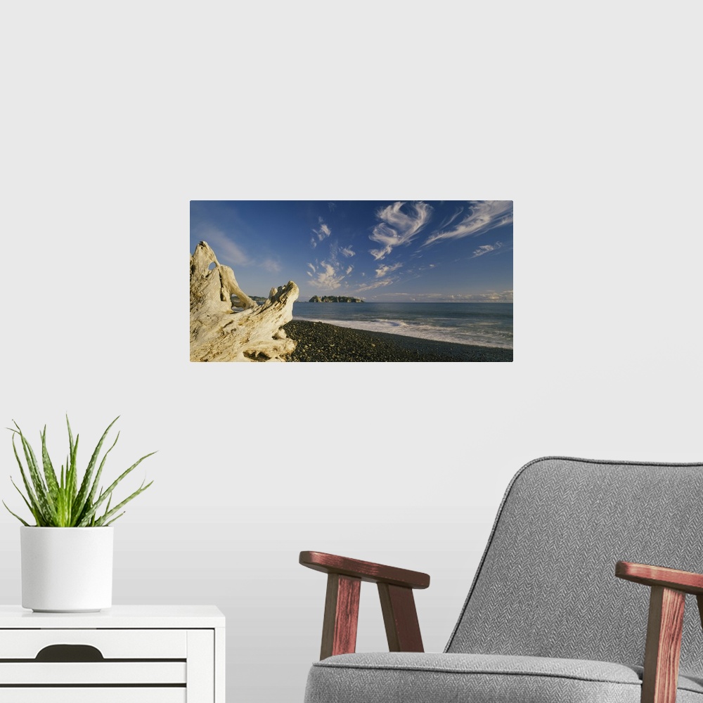 A modern room featuring Photograph of large piece of driftwood near coastline under a cloudy sky.