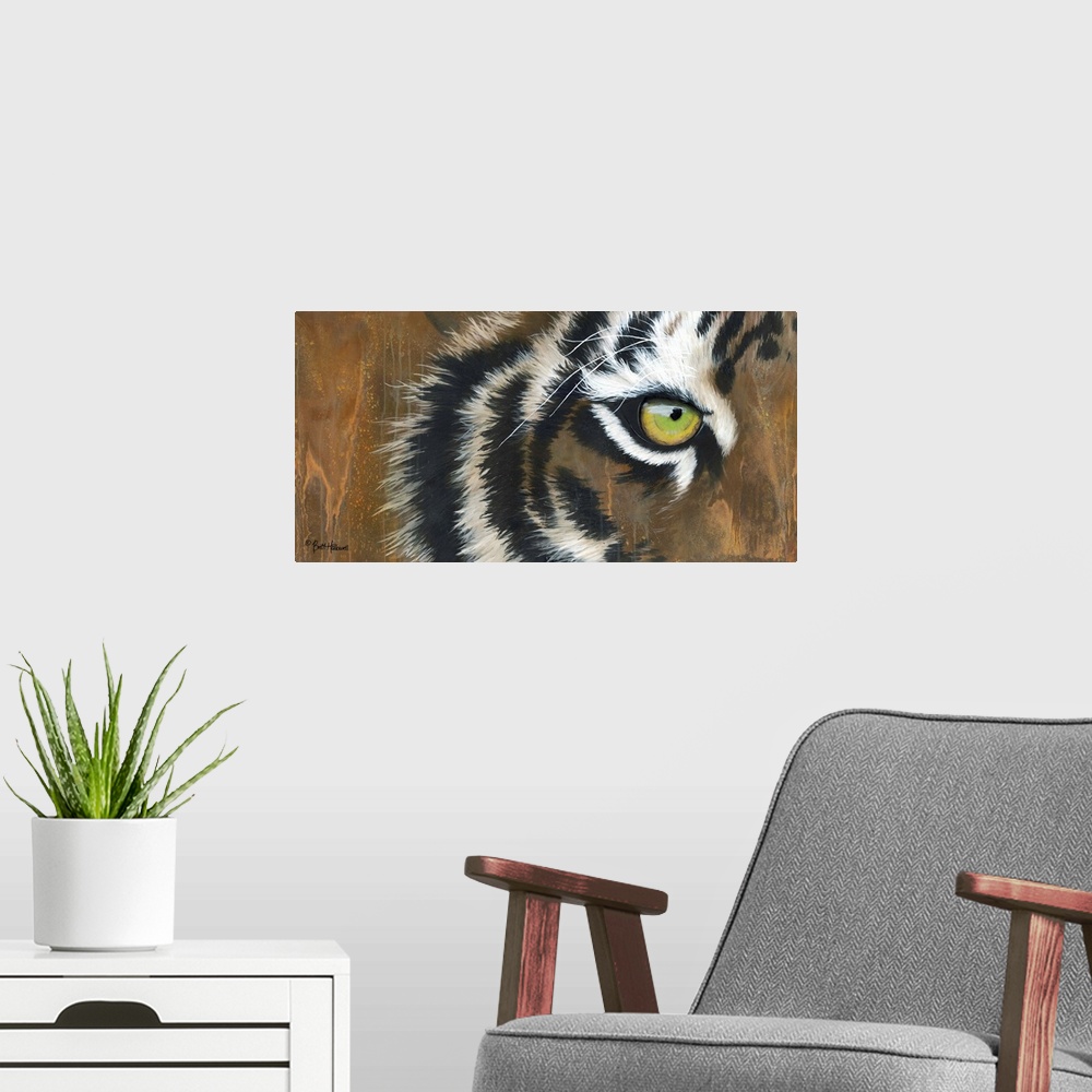 A modern room featuring A large horizontal close of image of the eye of a tiger with textured streaks of paint.