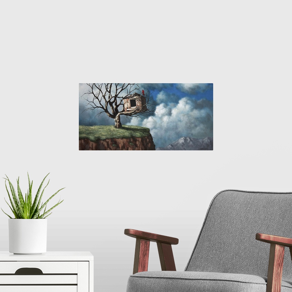 A modern room featuring Contemporary painting of a treehouse in a large tree over a cliff with cloudy skies.