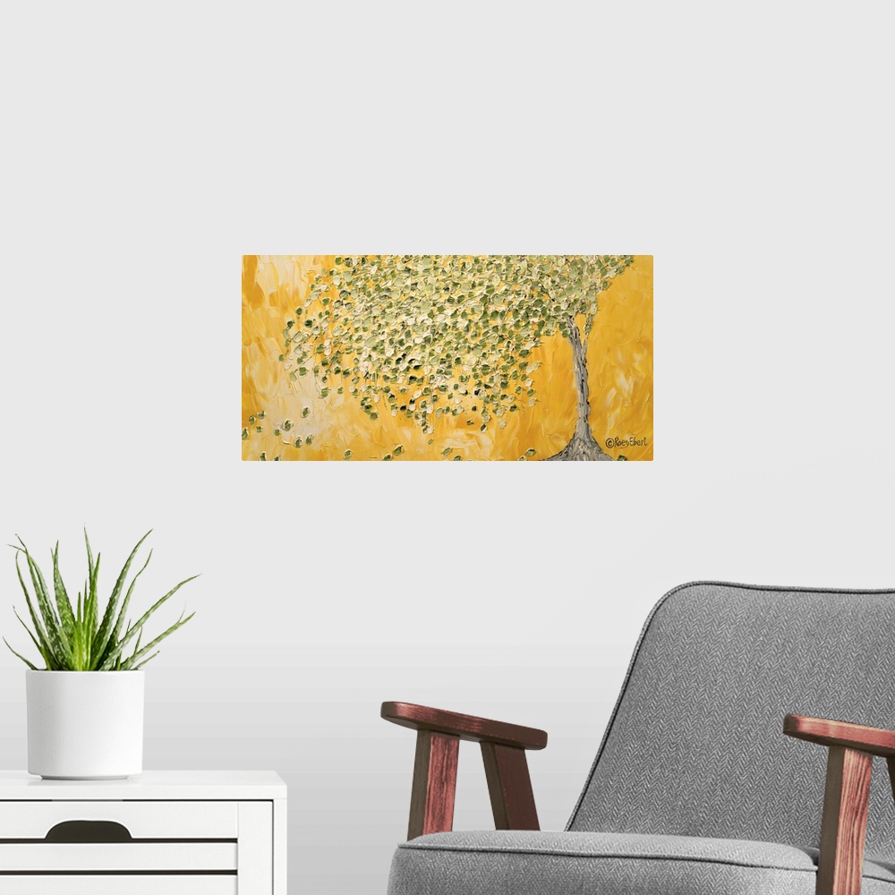 A modern room featuring A large horizontal painting of a weeping willow tree with dotted paint strokes.