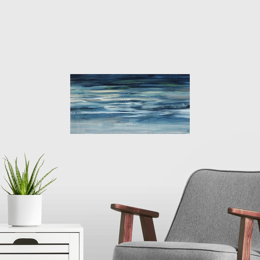A modern room featuring Contemporary abstract painting of teal and light blue colored waterscape.