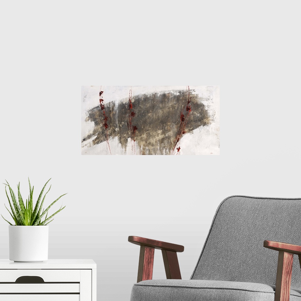 A modern room featuring Abstract artwork in neutral earth tones with a dark cloud of brown over white.