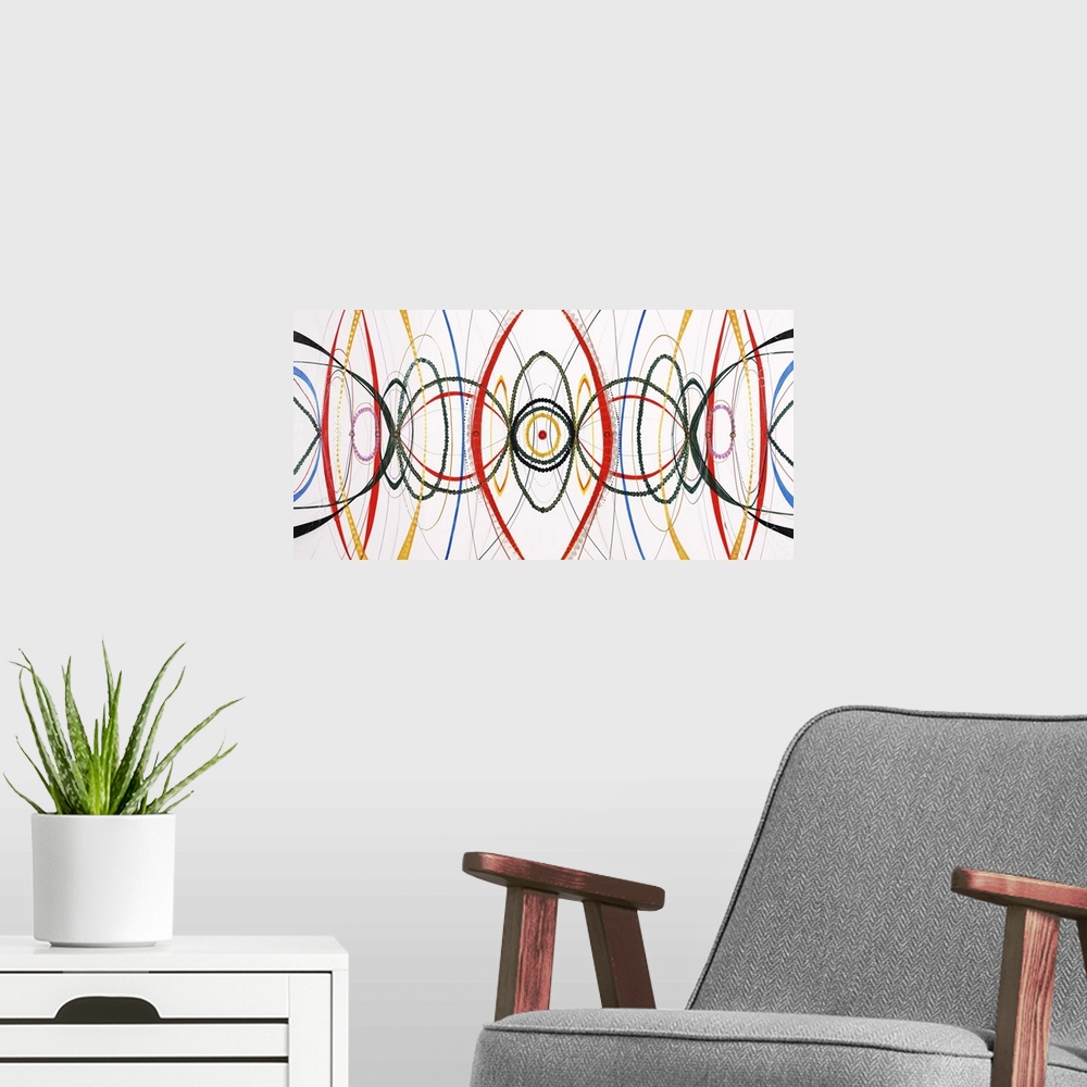 A modern room featuring Contemporary abstract art of colorful lines in a kaleidoscopic design.