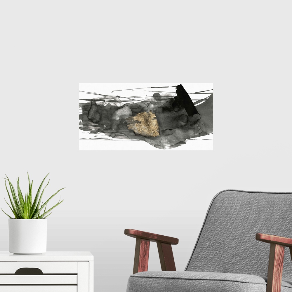 A modern room featuring Black and grey abstract artwork with golden streaks.