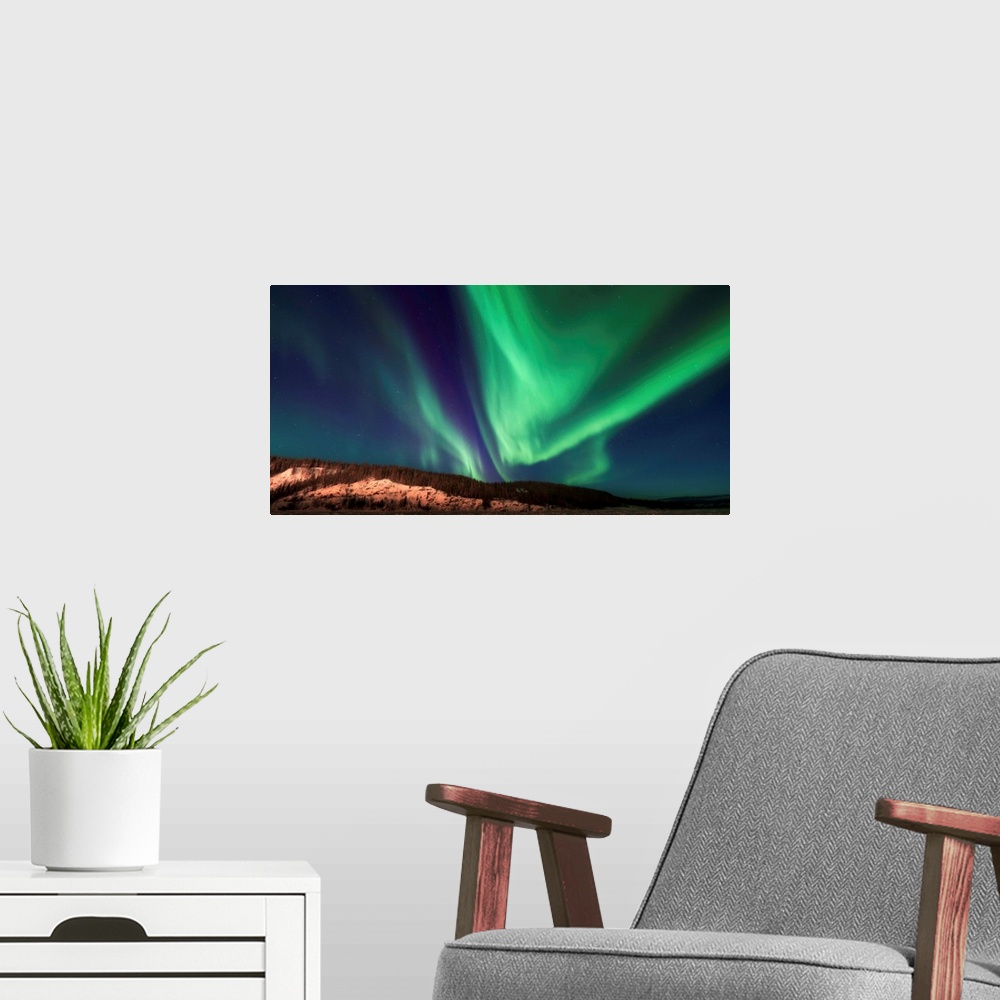 A modern room featuring Northern lights over the frozen Yukon River, Dawson City, Canada