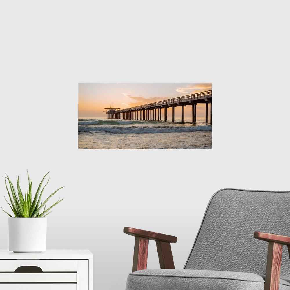A modern room featuring The original Scripps Pier was built in 1915-1916. Today it is one of California's research piers....