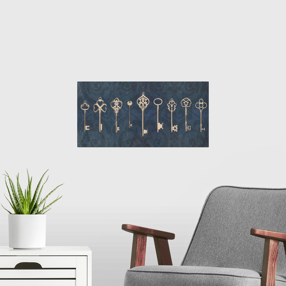 A modern room featuring An assortment of vintage keys with ornate designs arranged in a row on a navy blue background.