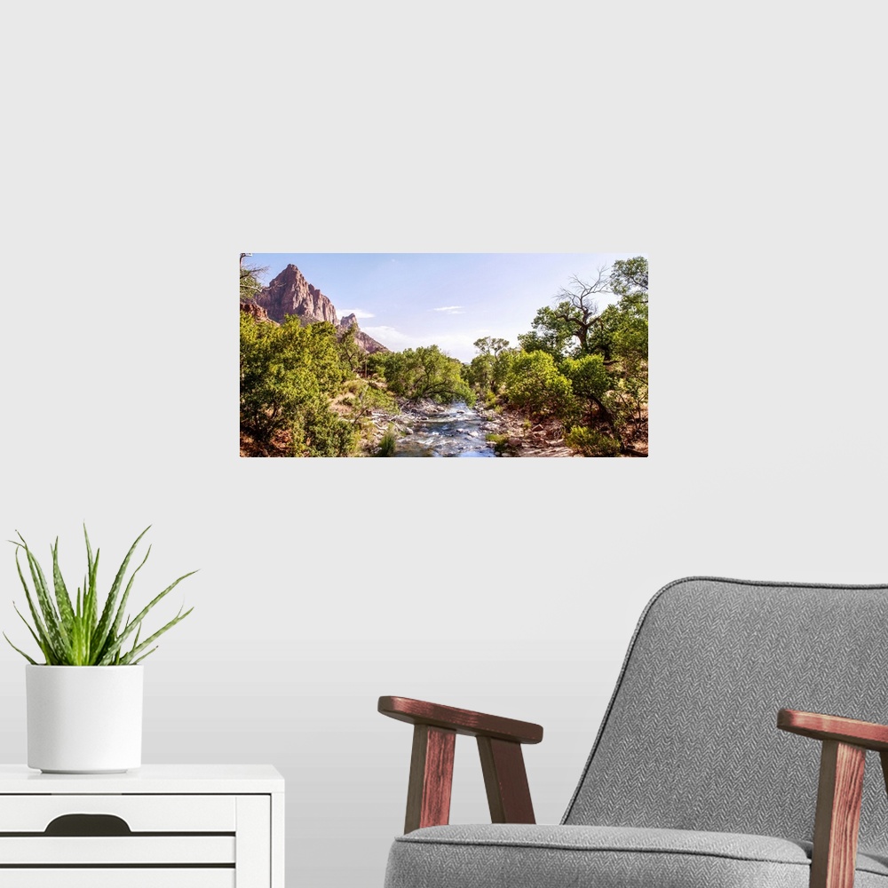 A modern room featuring View of Virgin River with 'The Watchman' peak in the background, Zion National Park, Utah.