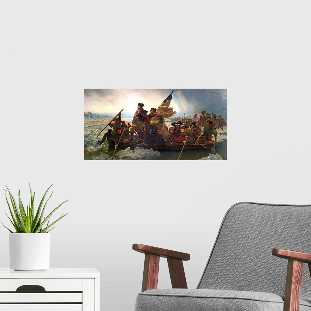 A modern room featuring Leutze's depiction of Washington's attack on the Hessians at Trenton on December 25, 1776, was a ...
