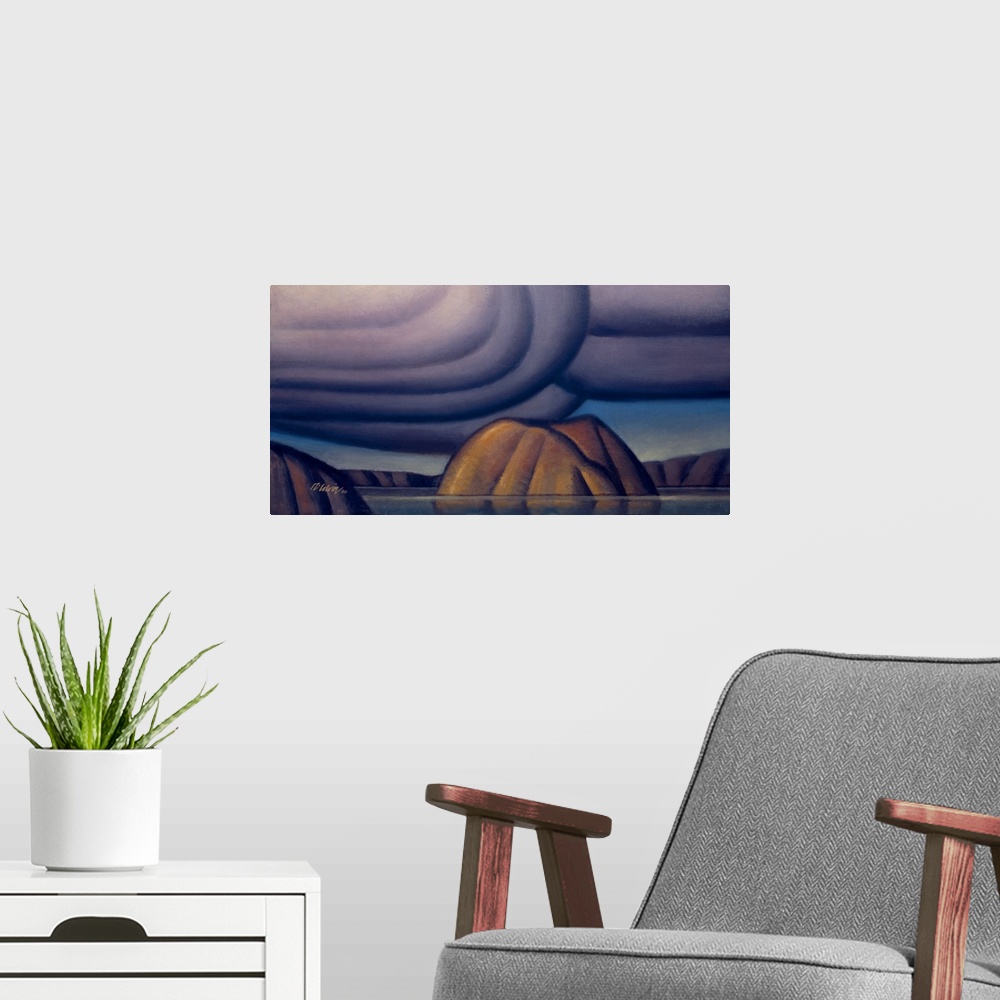 A modern room featuring Landscape painting of a lone island in a lake with cool tones.