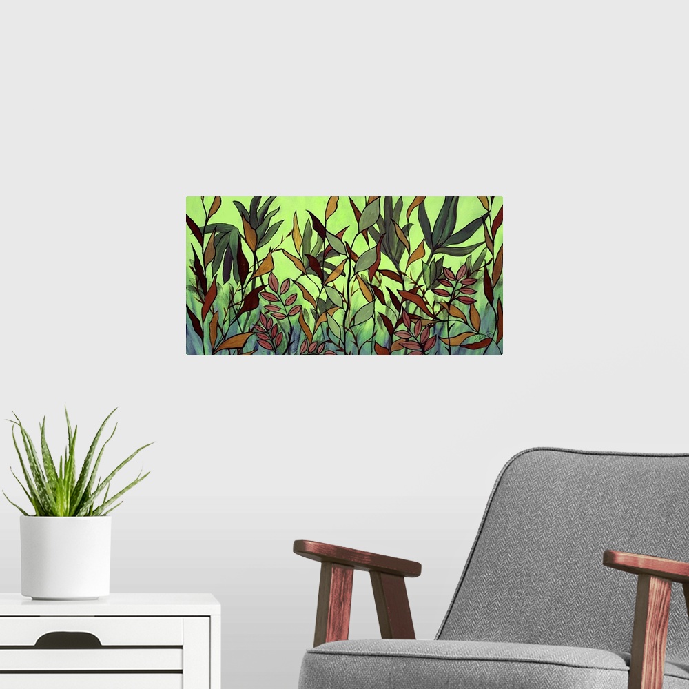 A modern room featuring A contemporary painting of a ground level view of tall grass against a green background.