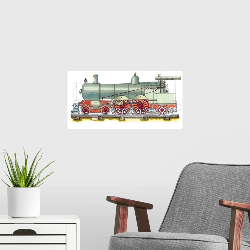 A modern room featuring Early American steam locomotive. Diagram and artwork of an early US steam locomotive. This contai...