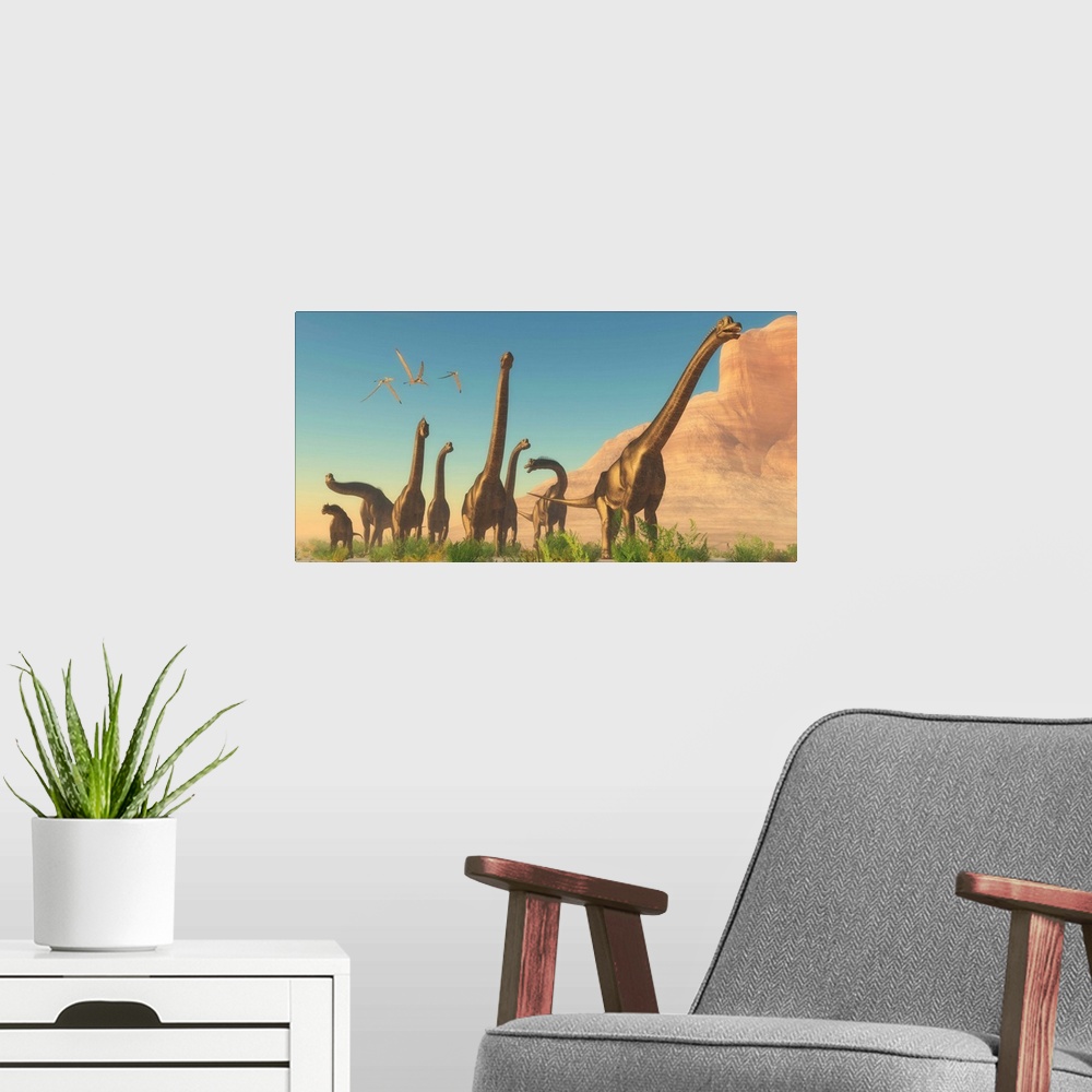 A modern room featuring A herd of Brachiosaurus travel near a canyon mountain.