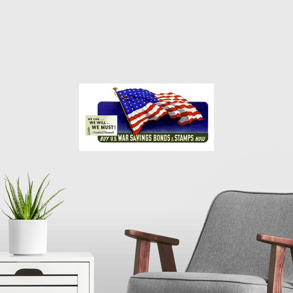 A modern room featuring Digitally restored vector war propaganda poster. This vintage World War Two poster features a wav...
