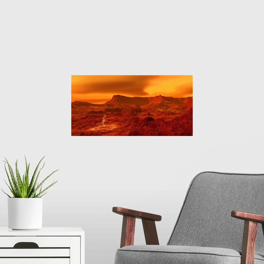 A modern room featuring Panorama of a landscape on Venus at 700 degress Fahrenheit.