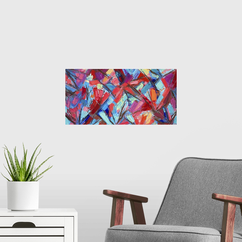 A modern room featuring Vivid blue and red abstract artwork.