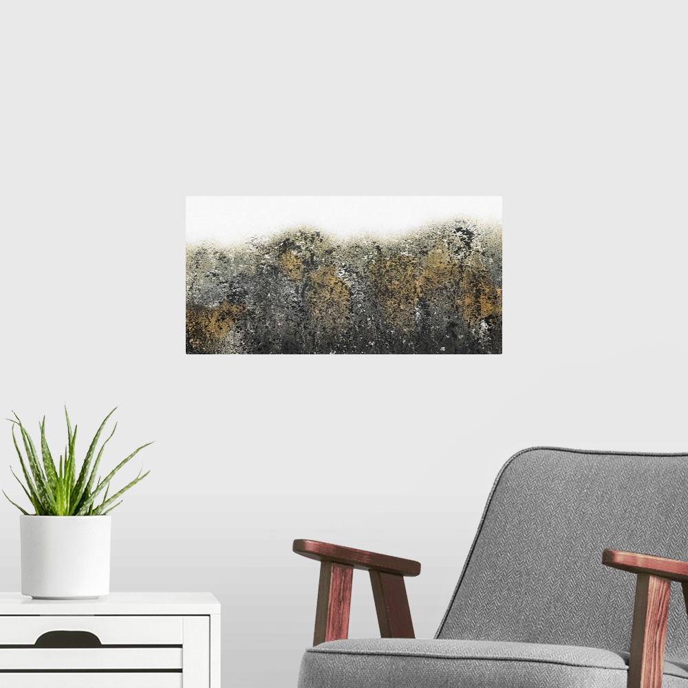 A modern room featuring Contemporary abstract painting with black, gold, and white paint splatter.