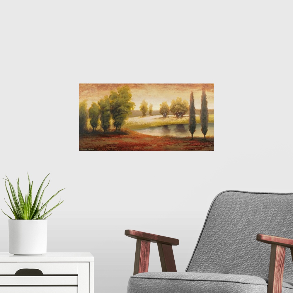 A modern room featuring Giant landscape painting of a vibrant summer landscape of small groups of trees surrounding a pon...