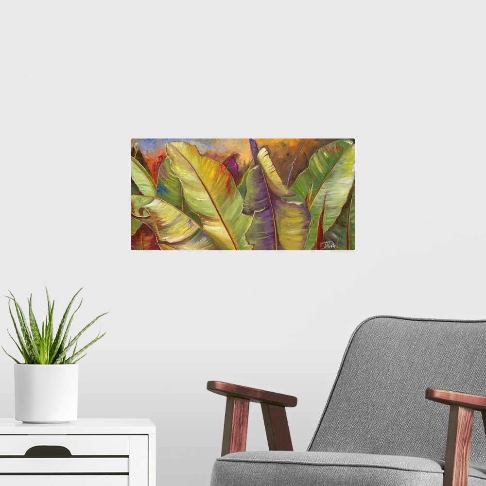 A modern room featuring In this large horizontal wall painting large leaves shoot up from the ground.