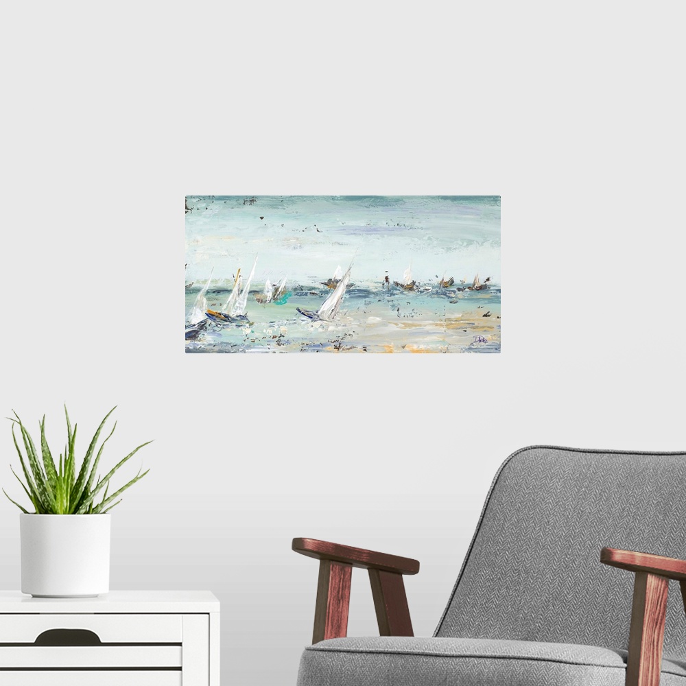 A modern room featuring Contemporary painting of several sailboats in the middle of the ocean with some rough waves and v...
