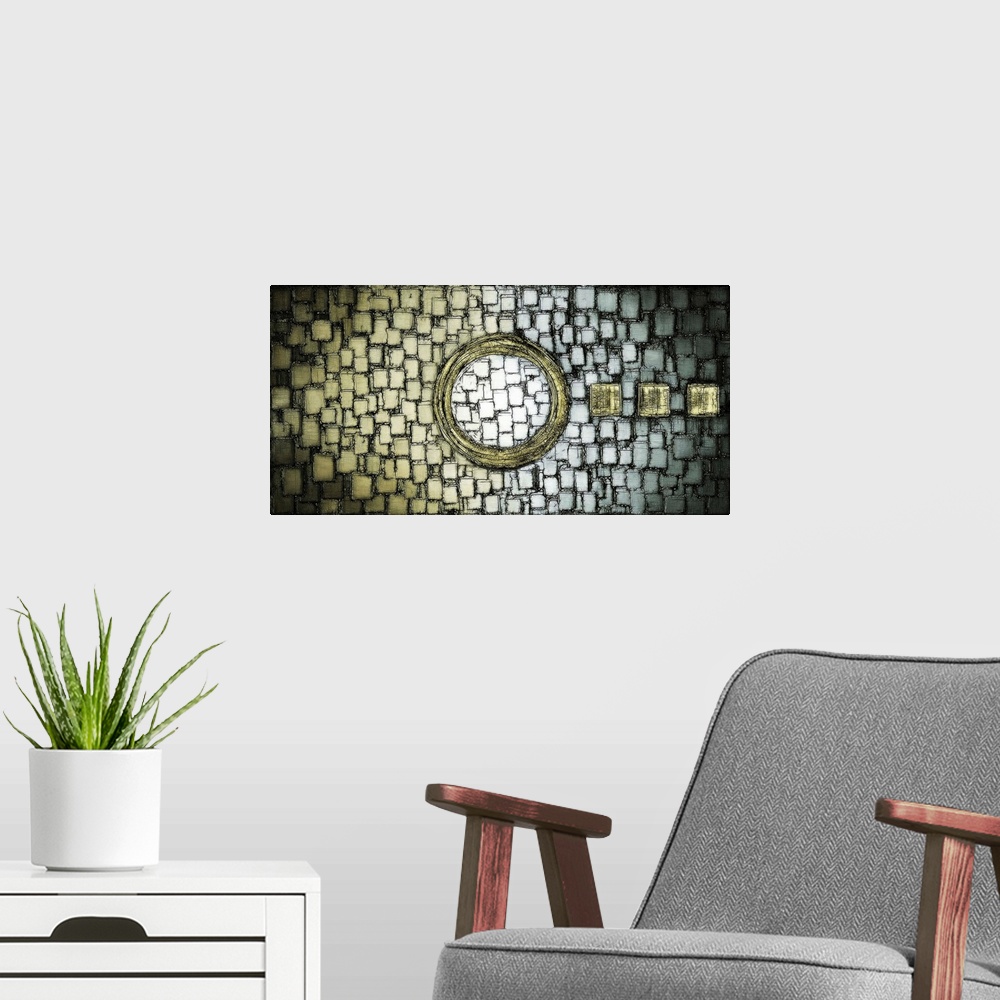 A modern room featuring Large abstract illustration with layered squares on the background and a large circle in the cent...