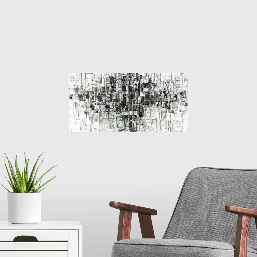 A modern room featuring Black and white abstract digital illustration with darker colored shapes on top of lighter shapes.