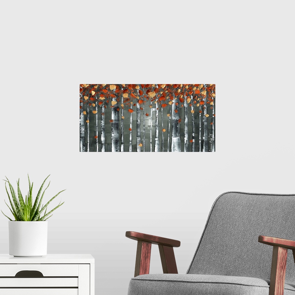 A modern room featuring Copper orange on charcoal gray, white birch tree trunks landscape art