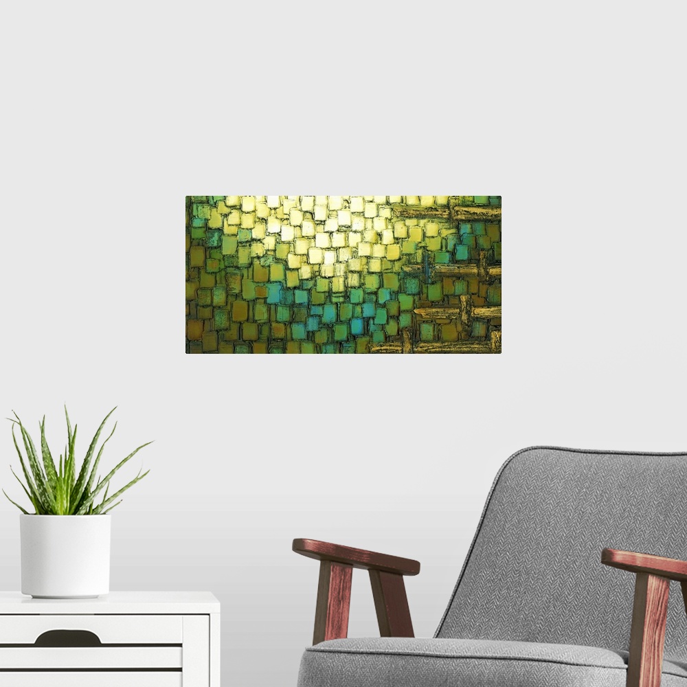 A modern room featuring Yellow, green, blue, brown, and gold toned abstract painting created with layered square brushstr...