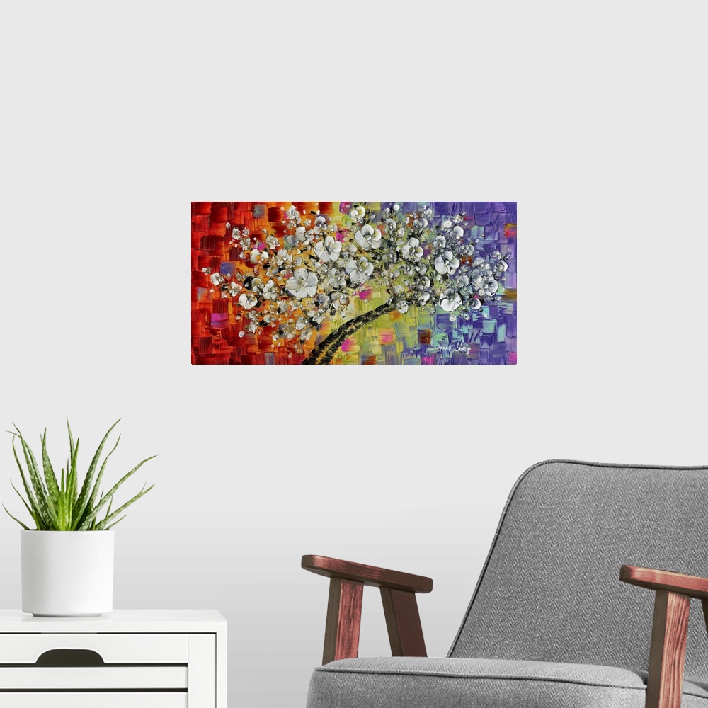 A modern room featuring Contemporary painting of a white blossom cherry tree on a colorful background created with red, o...