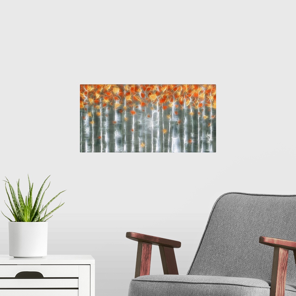 A modern room featuring Abstract landscape art with tall Autumn trees in rows created with intertwining lines that looks ...