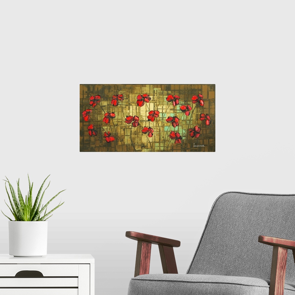A modern room featuring Contemporary painting of red poppies with black shadows on a brown, gold, and blue textured backg...