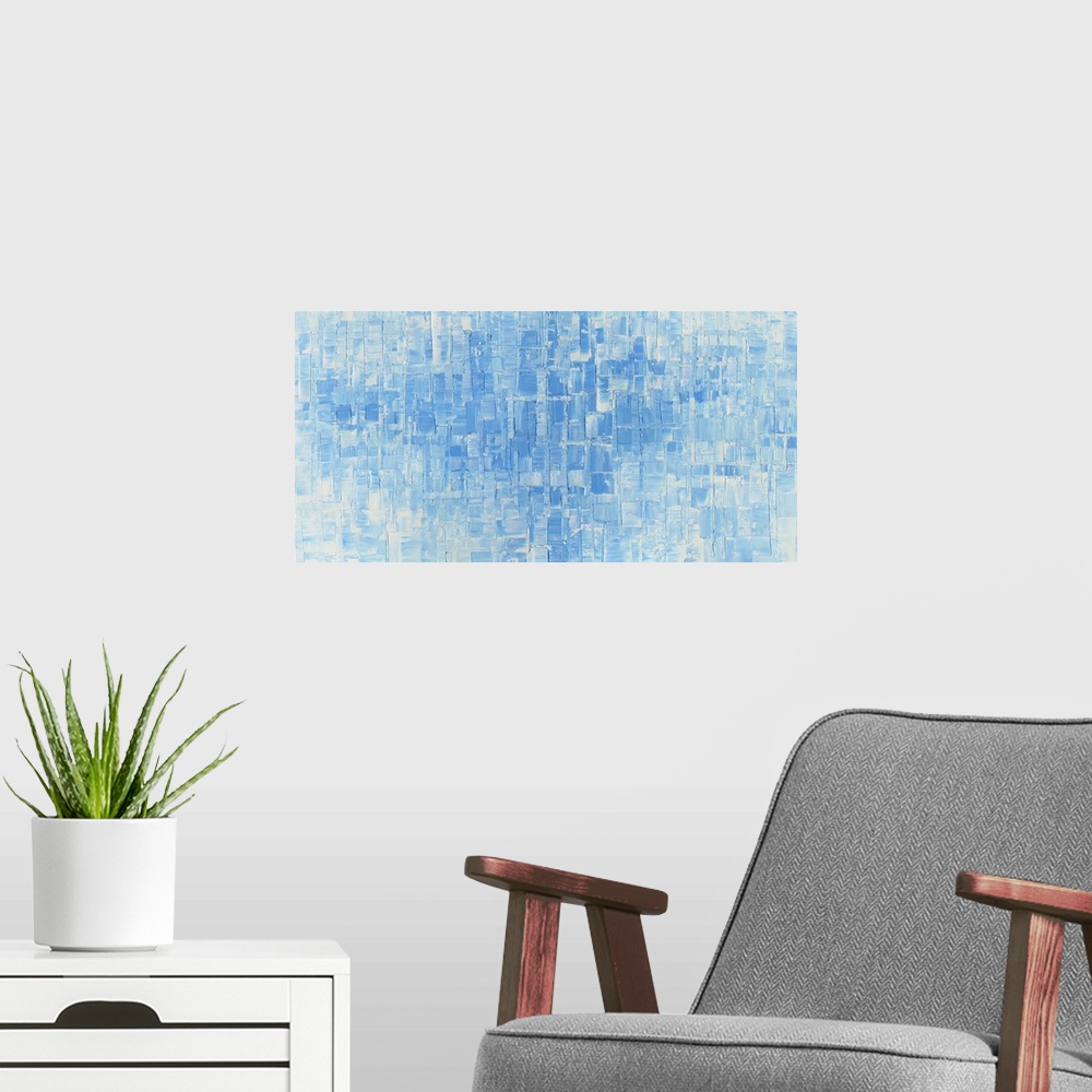 A modern room featuring Large abstract painting with square and rectangular shapes in light blue and white hues.