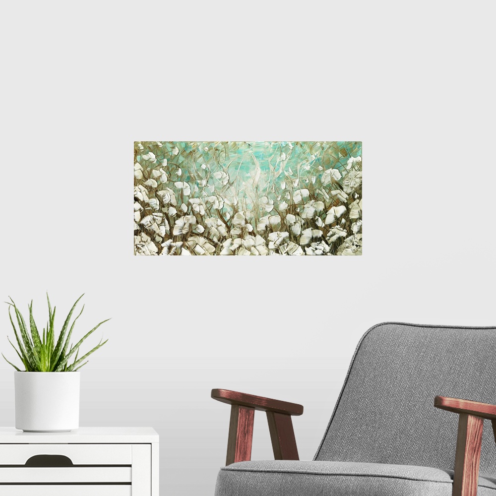 A modern room featuring Large abstract landscape painting with cream colored poppy flowers on a light blue and brown back...