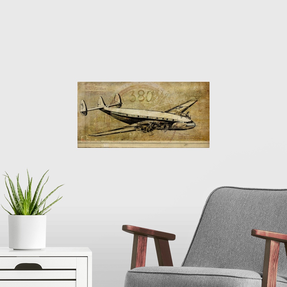 A modern room featuring Contemporary artwork of a vintage airplane on a weathered background.