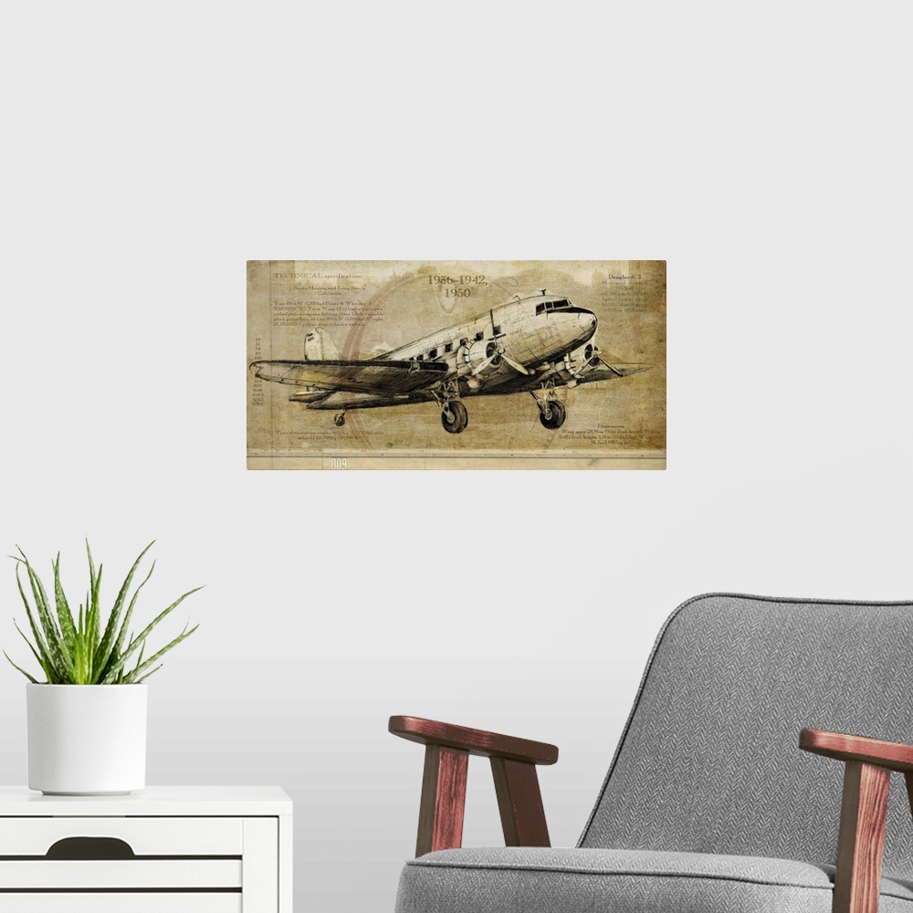 A modern room featuring Contemporary artwork of a vintage airplane on a weathered background.